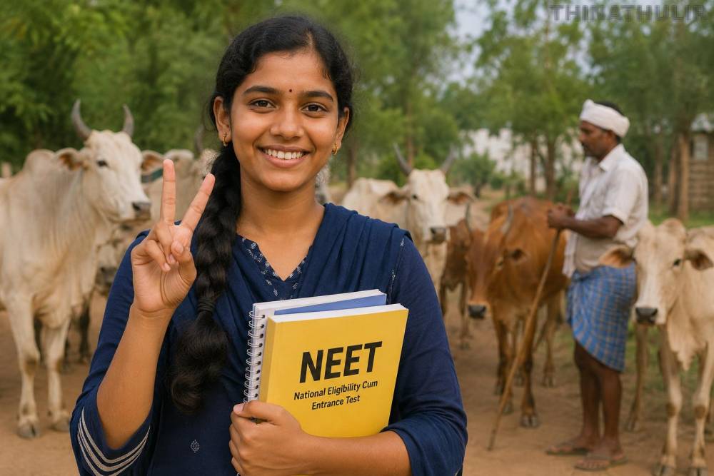 ‘நீட்' தேர்வில்  சாதனை படைத்த மாடு மேய்க்கும் தொழிலாளியின் மகள்