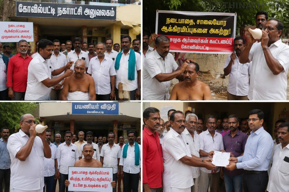 நடைபாதை ஆக்கிரமிப்புகளை அகற்ற வலியுறுத்தி கோவில்பட்டியில் மொட்டையடித்து சமூக ஆர்வலர்கள் போராட்டம்