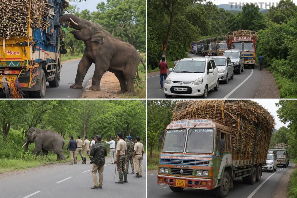 சத்தியமங்கலம் அருகே கரும்பு லாரியை வழிமறித்த ஒற்றை யானை: வாகன ஓட்டிகள் பீதி