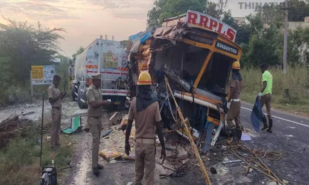 கரூர் அருகே நேருக்கு நேர் மோதிய லாரிகள்: 2 டிரைவர்கள் பலி