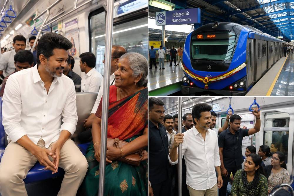 மெட்ரோ ரெயிலில் பொதுமக்களுடன் பயணம் செய்த முதல்-அமைச்சர் விஜய்