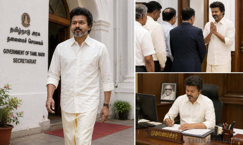 தலைமைச் செயலகத்துக்கு பட்டு வேட்டி-சட்டையில் வந்த முதல்-அமைச்சர் ஜோசப் விஜய்