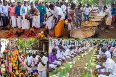 100-க்கும் மேற்பட்ட சேவல்கள் பலியிட்டு அன்னதானம்... ஆண்களுக்கு மட்டும் வழங்கப்பட்ட ஆடி படையல் விழா