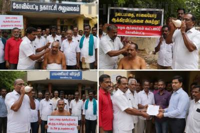 நடைபாதை ஆக்கிரமிப்புகளை அகற்ற வலியுறுத்தி கோவில்பட்டியில் மொட்டையடித்து சமூக ஆர்வலர்கள் போராட்டம்