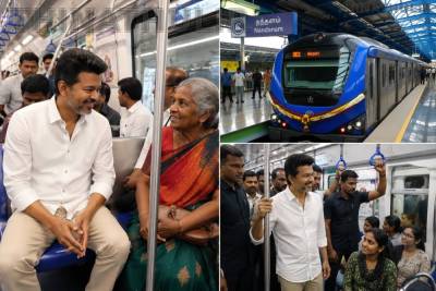மெட்ரோ ரெயிலில் பொதுமக்களுடன் பயணம் செய்த முதல்-அமைச்சர் விஜய்