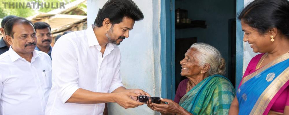 விவசாயி வீட்டிற்கு நேரில் சென்ற முதல்-அமைச்சர் விஜய்: பாட்டிக்கு கூலிங்கிளாஸ் பரிசளித்து நெகிழ்ச்சி