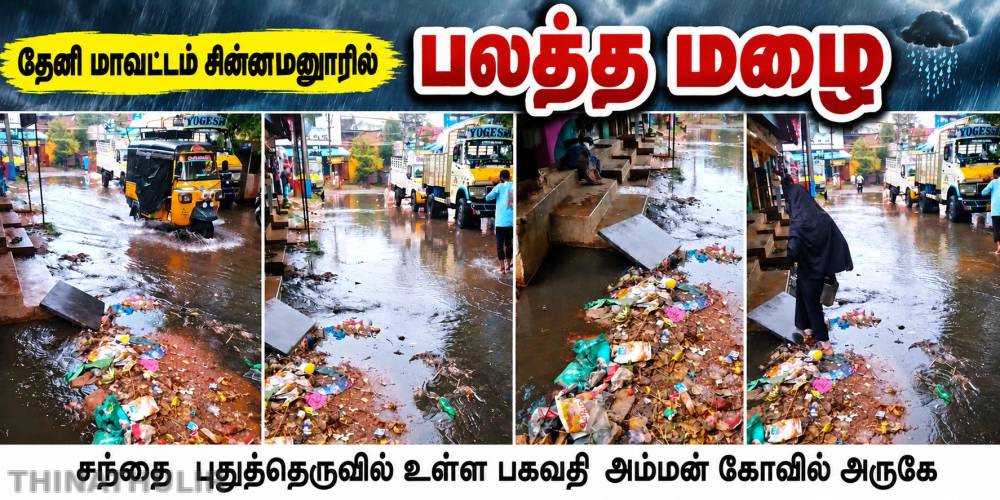 சின்னமனூரில் பலத்த மழை: சாலையில் பெருக்கெடுத்த கழிவுநீர்