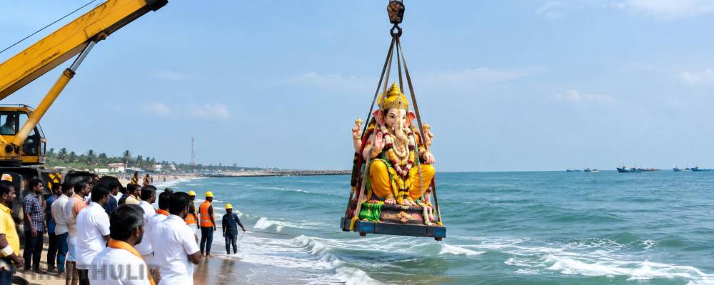 தூத்துக்குடி: வியாபார அபிவிருத்தி விநாயகர் சிலை கிரேன் மூலம் கடலில் கரைப்பு