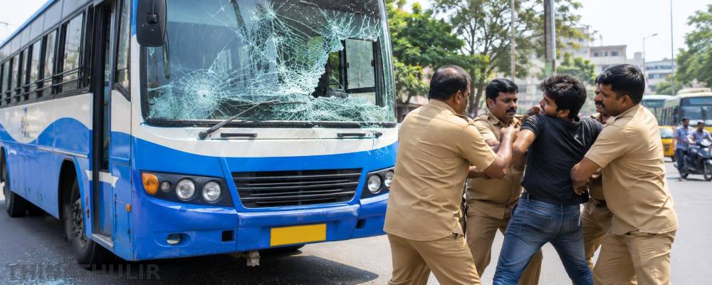 அரசுப் பேருந்தின் கண்ணாடியை உடைத்த வாலிபரை சரமாரியாக தாக்கிய ஊழியர்கள்!
