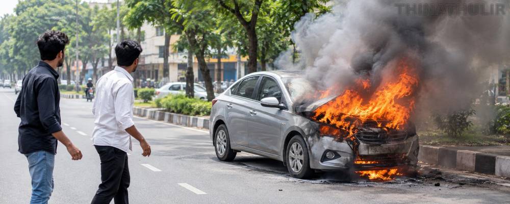 சென்னை வேளச்சேரியில் திடீரென தீப்பிடித்து எரிந்த கார்: சாமர்த்தியமாக செயல்பட்டு உயிர் தப்பிய வாலிபர்கள்