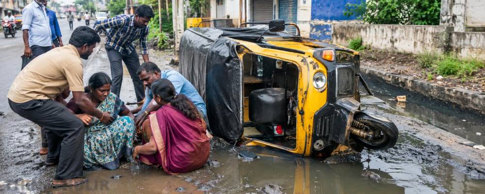 சாக்கடை நீரில் வழுக்கி ஆட்டோ கவிழ்ந்தது: 4 பேர் காயம்